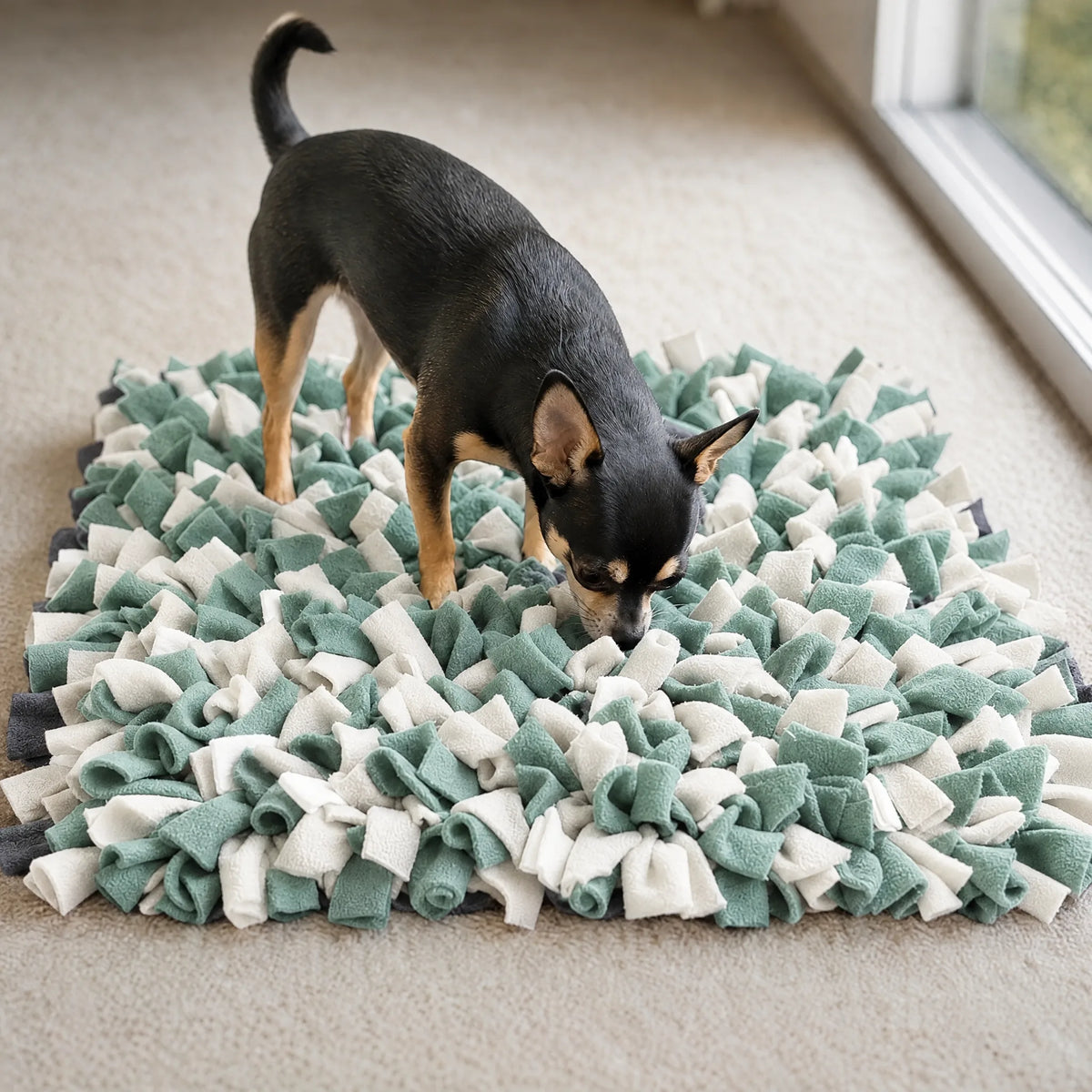 Cane che cerca i croccantini sul tappeto olfattivo modello moderno verde in casa