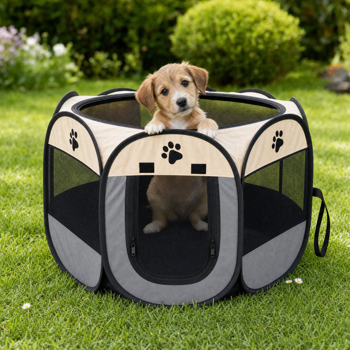 Cucciolo dentro la tenda gazebo per cani aperta su un prato in giardino