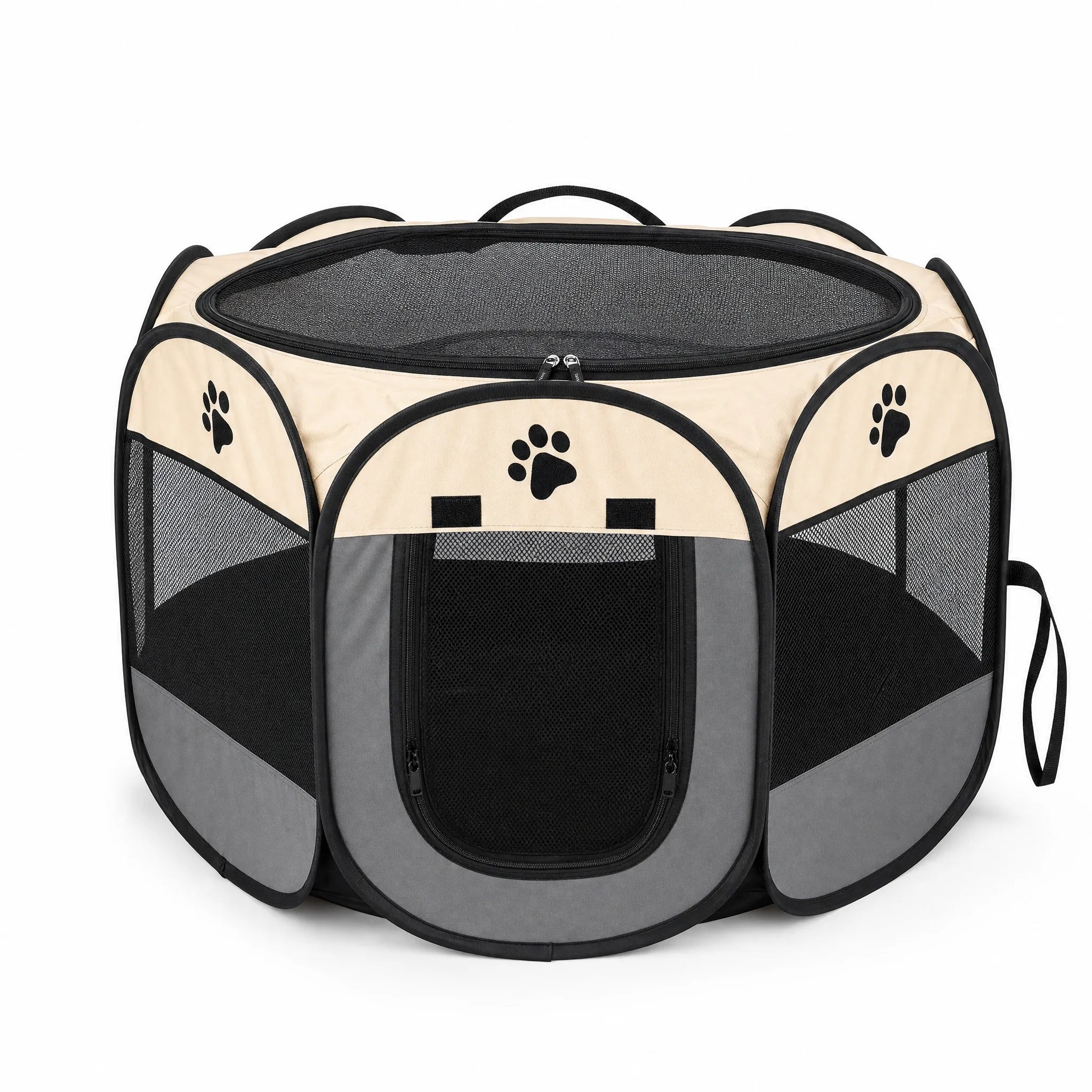 Tenda gazebo ottagonale grigia per cani con cupola in rete su sfondo bianco