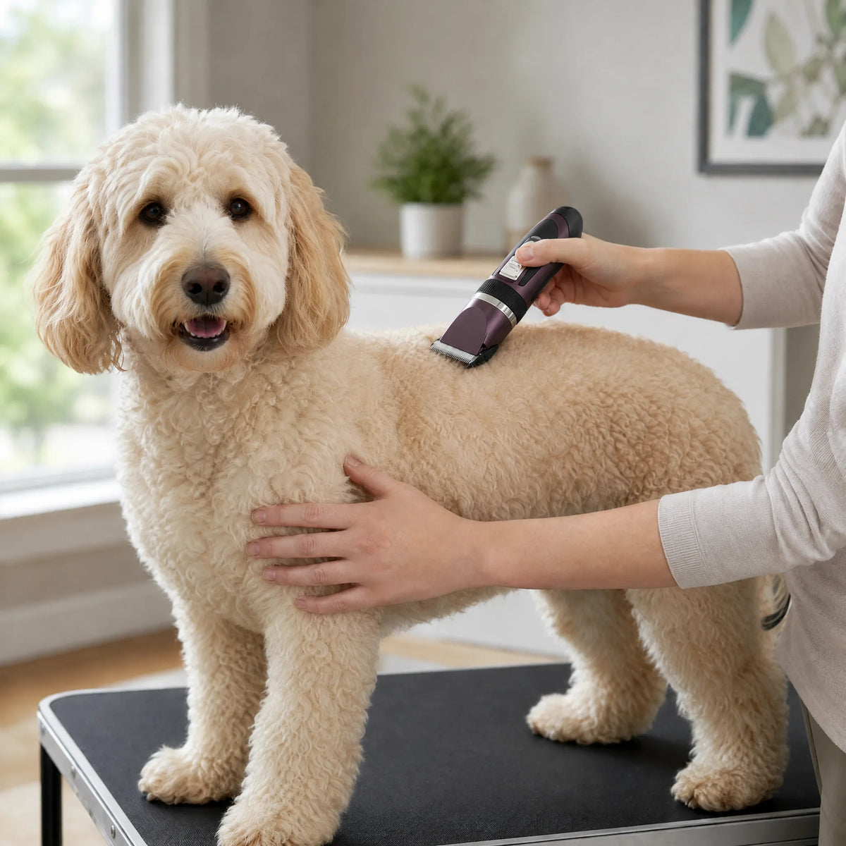 Tosatrice per cani cordless blu mentre tosa il pelo di un cane in casa