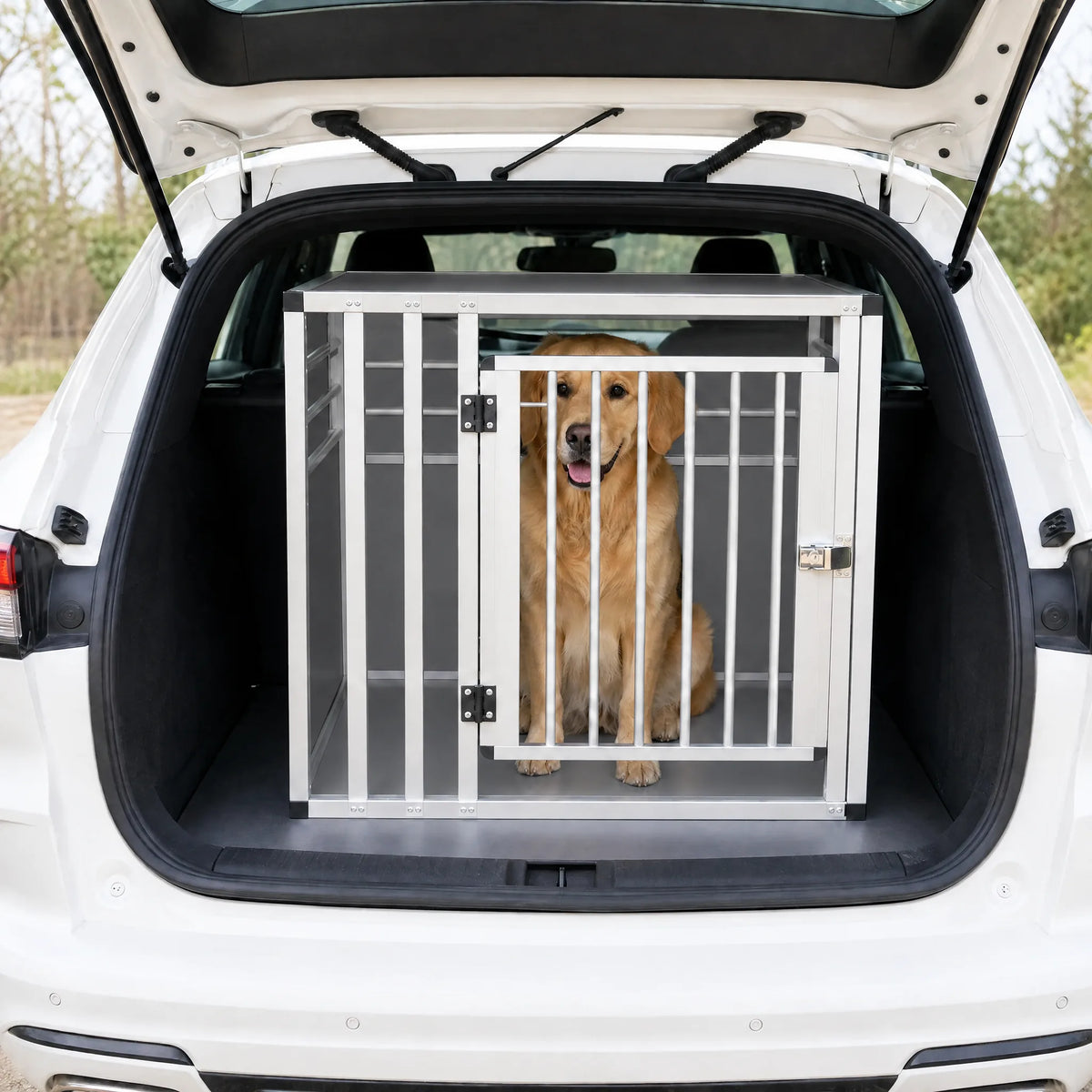 Trasportino per cani in alluminio grigio nel bagagliaio dell'auto con cane seduto dentro
