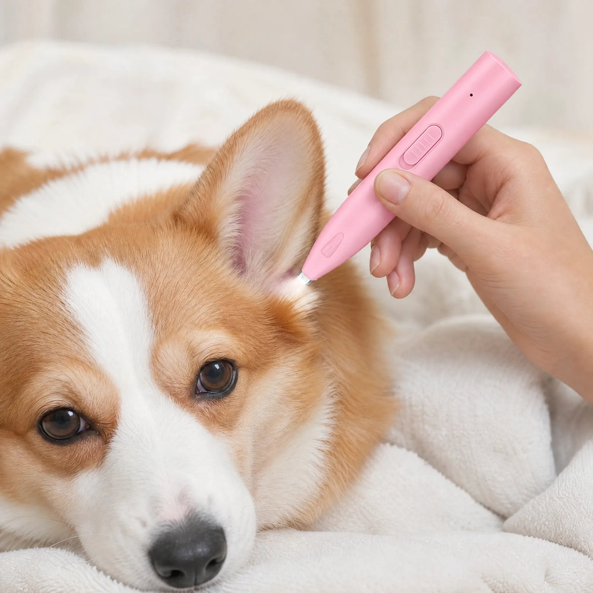Ritocco dei peli del cane in casa con il trimmer rosa a LED