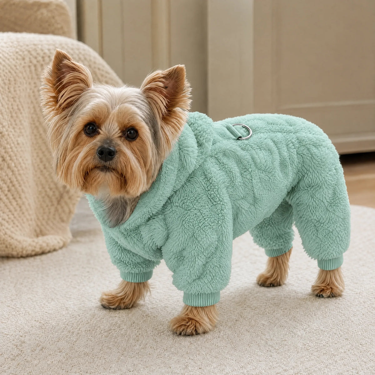 Cane in casa con tuta in pile verde menta a quattro zampe