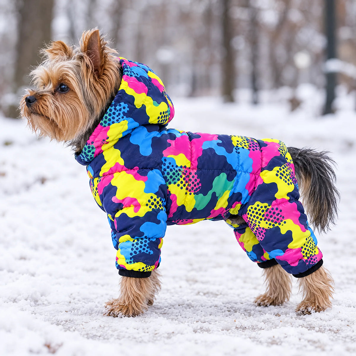 Yorkshire nel parco innevato con la tuta invernale imbottita mimetica camo fluo