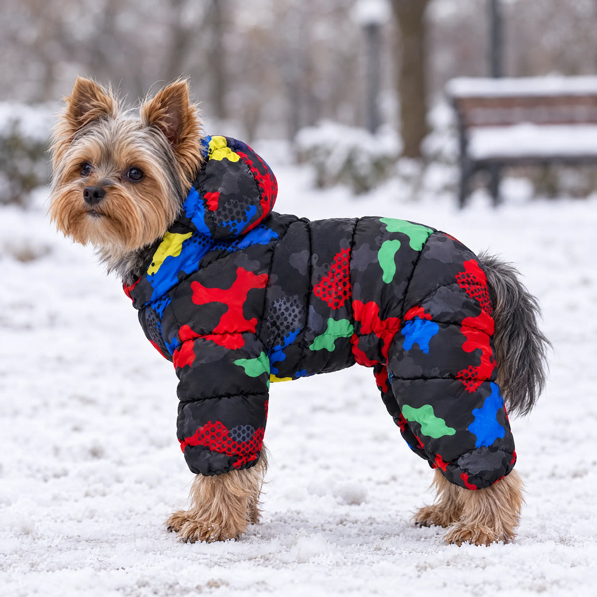 Yorkshire nel parco innevato con la tuta invernale imbottita mimetica camo scuro