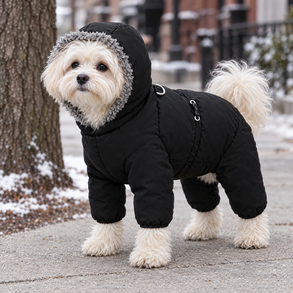 Cane piccolo in tuta invernale full body imbottita nera con cappuccio sul marciapiede