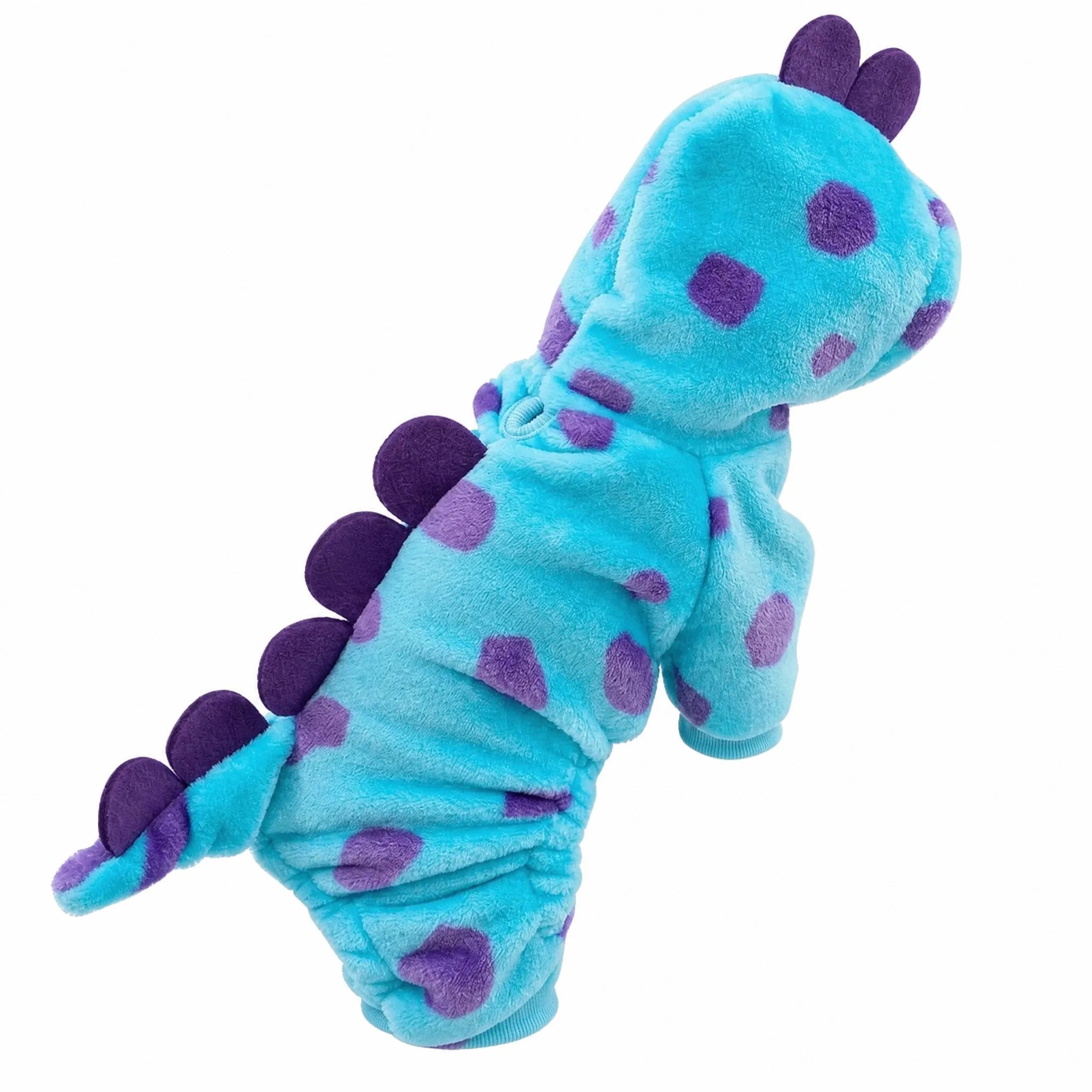 Costume dinosauro cane azzurro pois viola su sfondo bianco