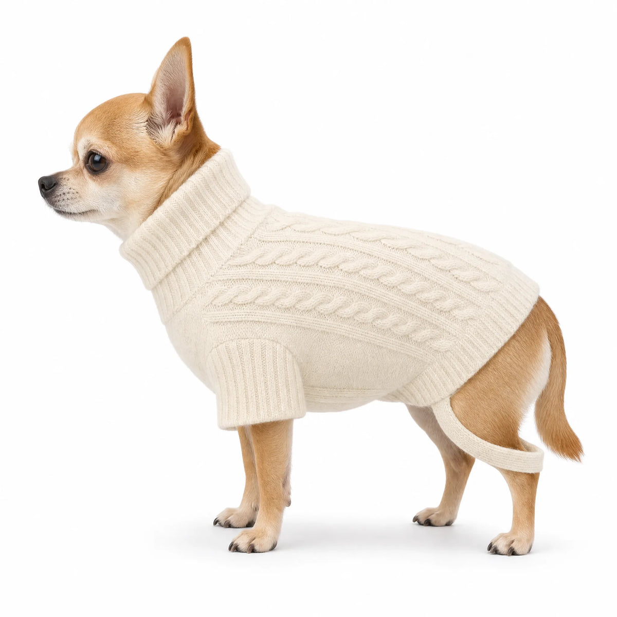 Maglione per cani dolcevita colore Beige - vista laterale su sfondo bianco