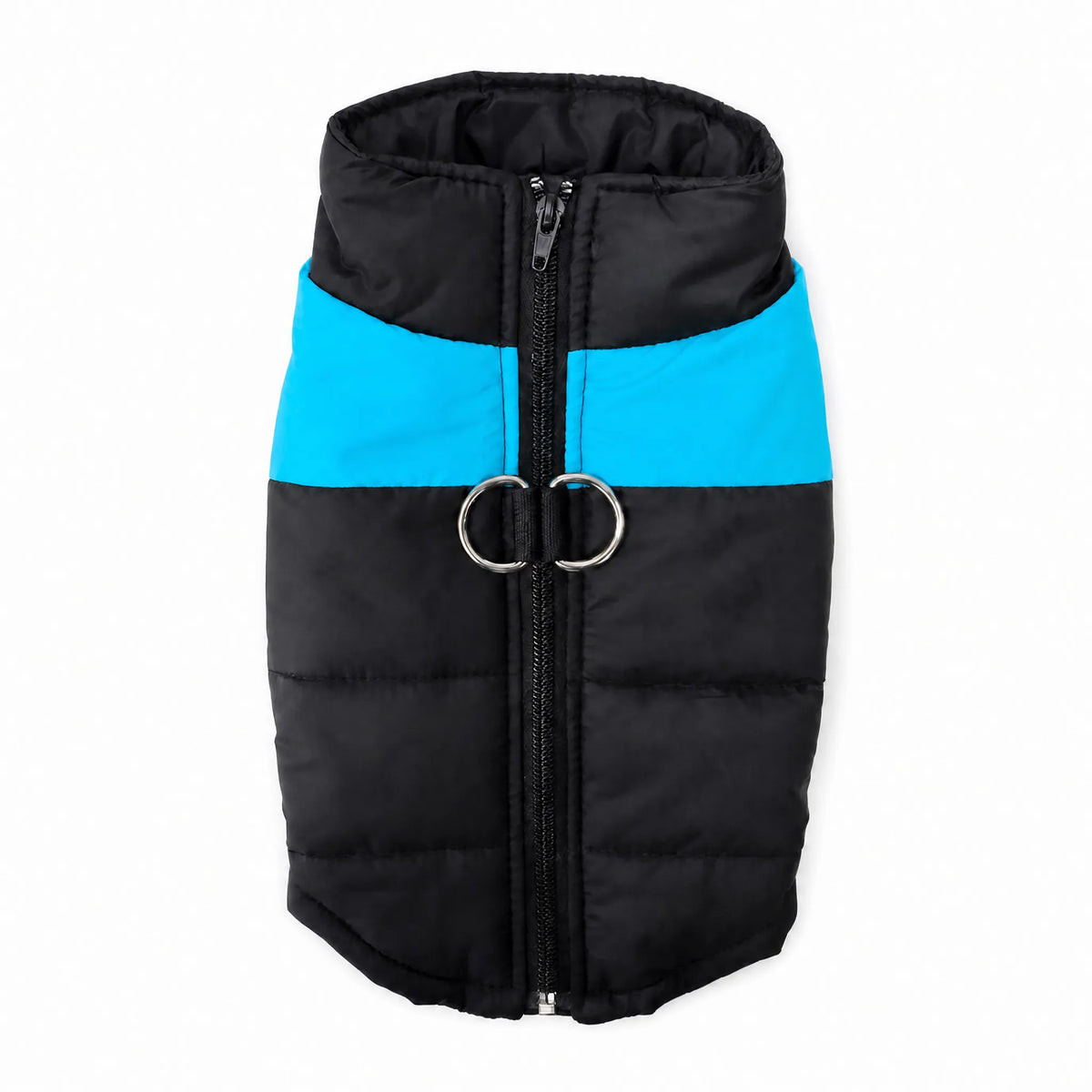 Gilet cane imbottito blu e nero vista dorsale zip e anello D