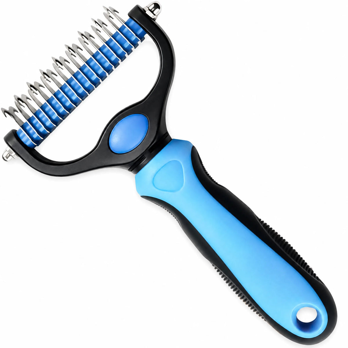 Pettine dematting blu per cani su sfondo bianco