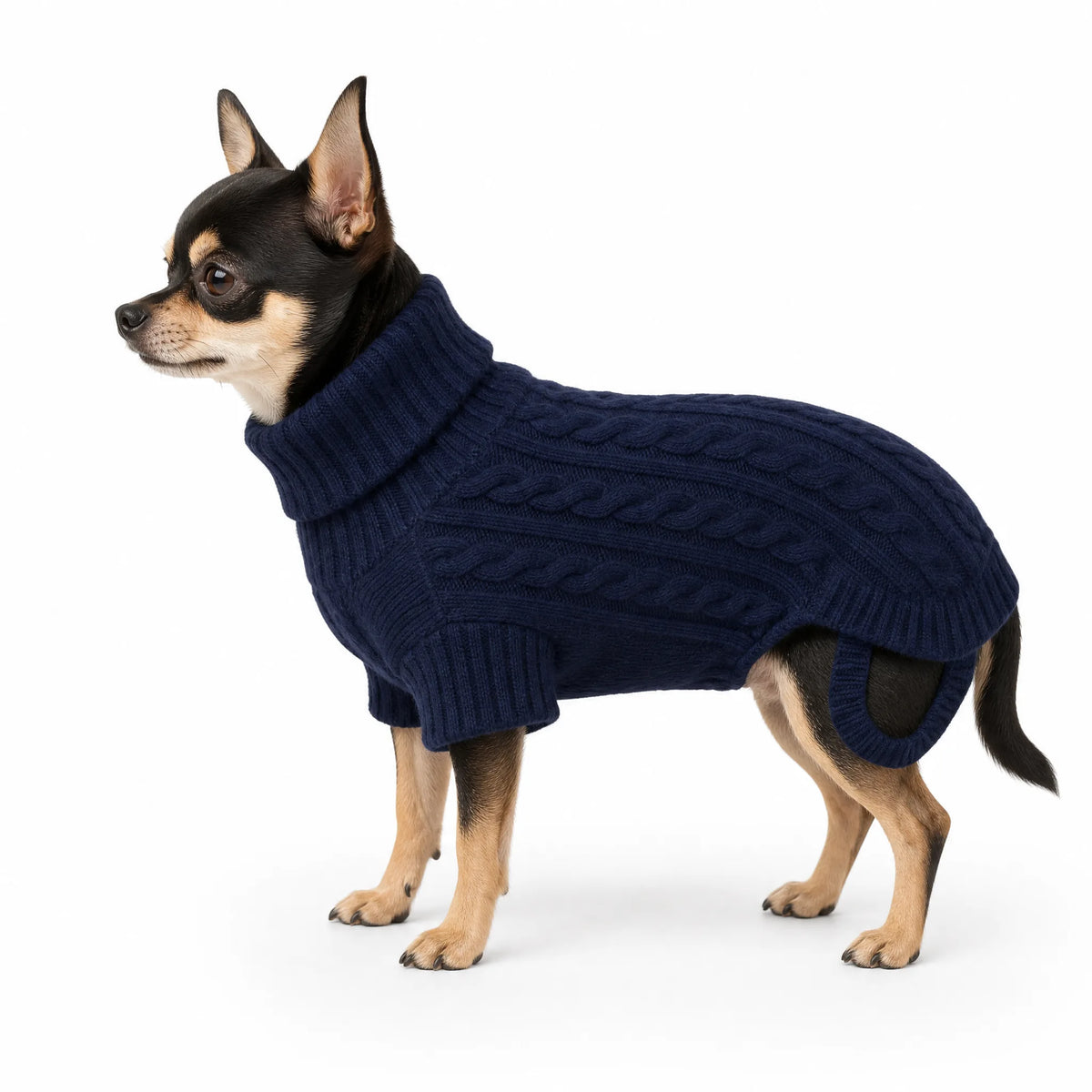 Maglione per cani dolcevita colore Blu Scuro - vista laterale su sfondo bianco