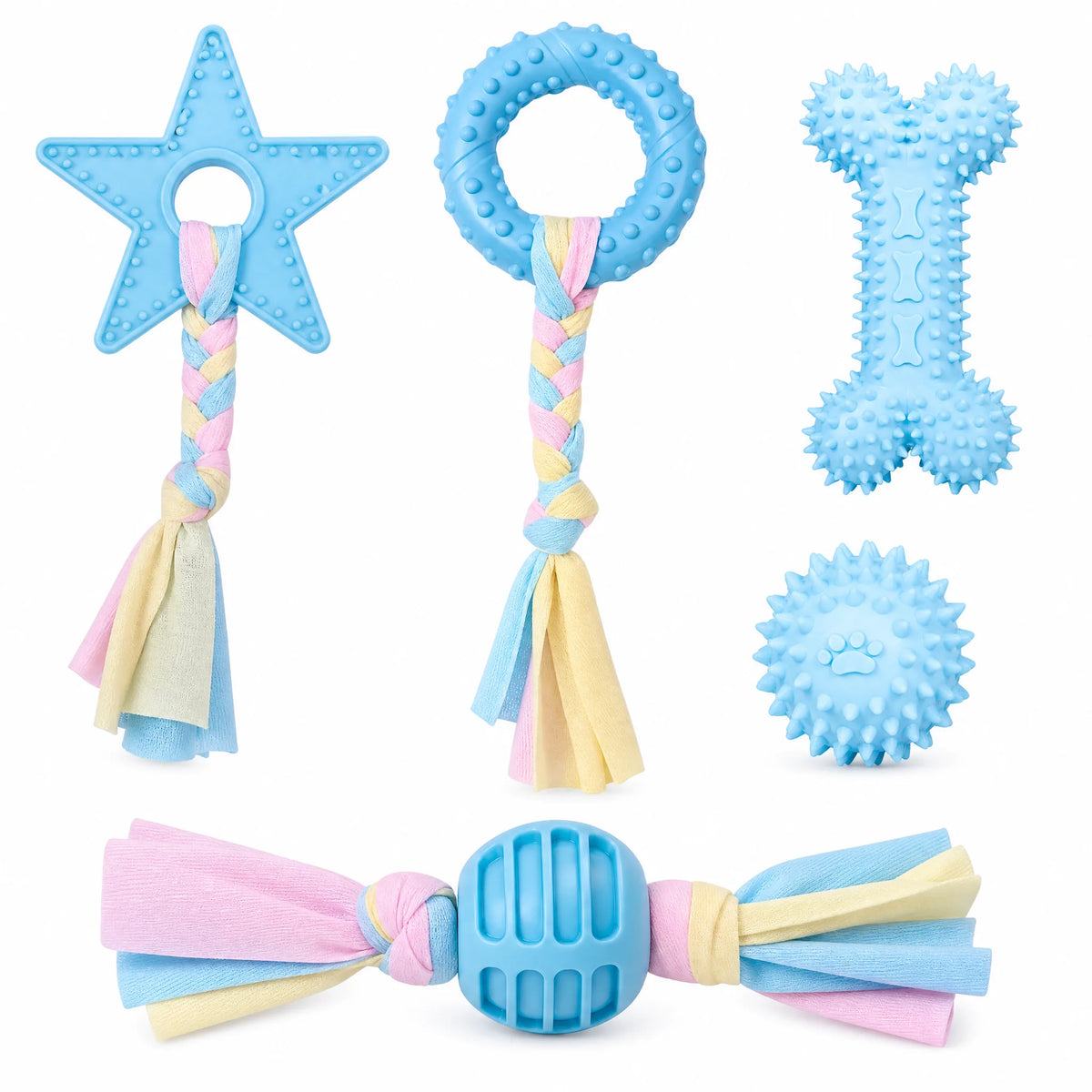 Set 5 giochi dentizione cuccioli variante Blu su sfondo bianco: stella, anello, osso, palla spinosa e palla con strisce