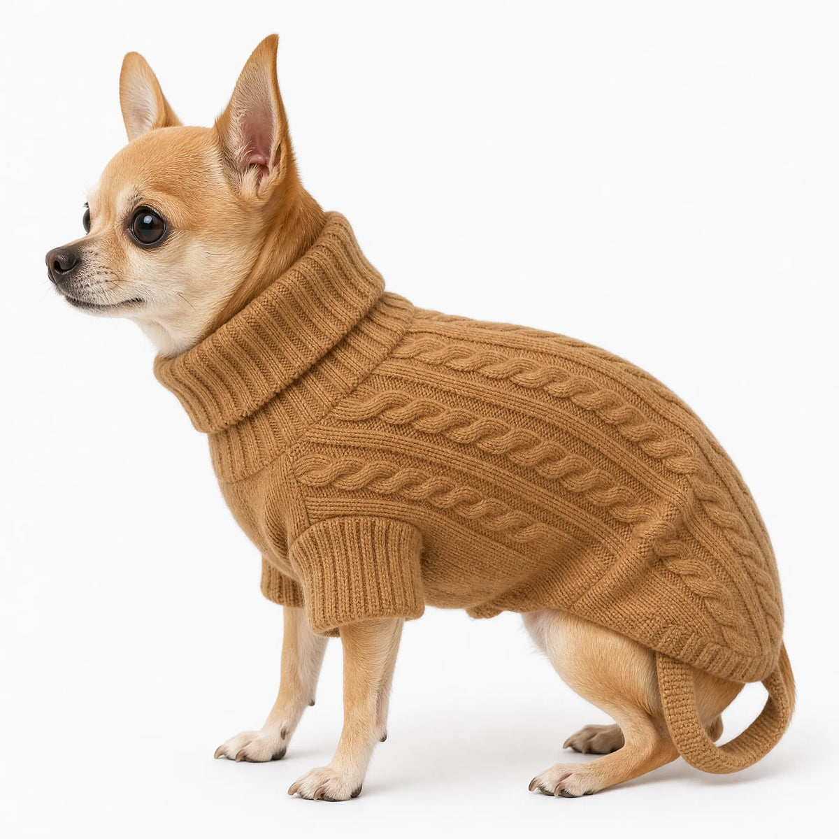 Maglione per cani dolcevita colore Cammello - vista laterale su sfondo bianco