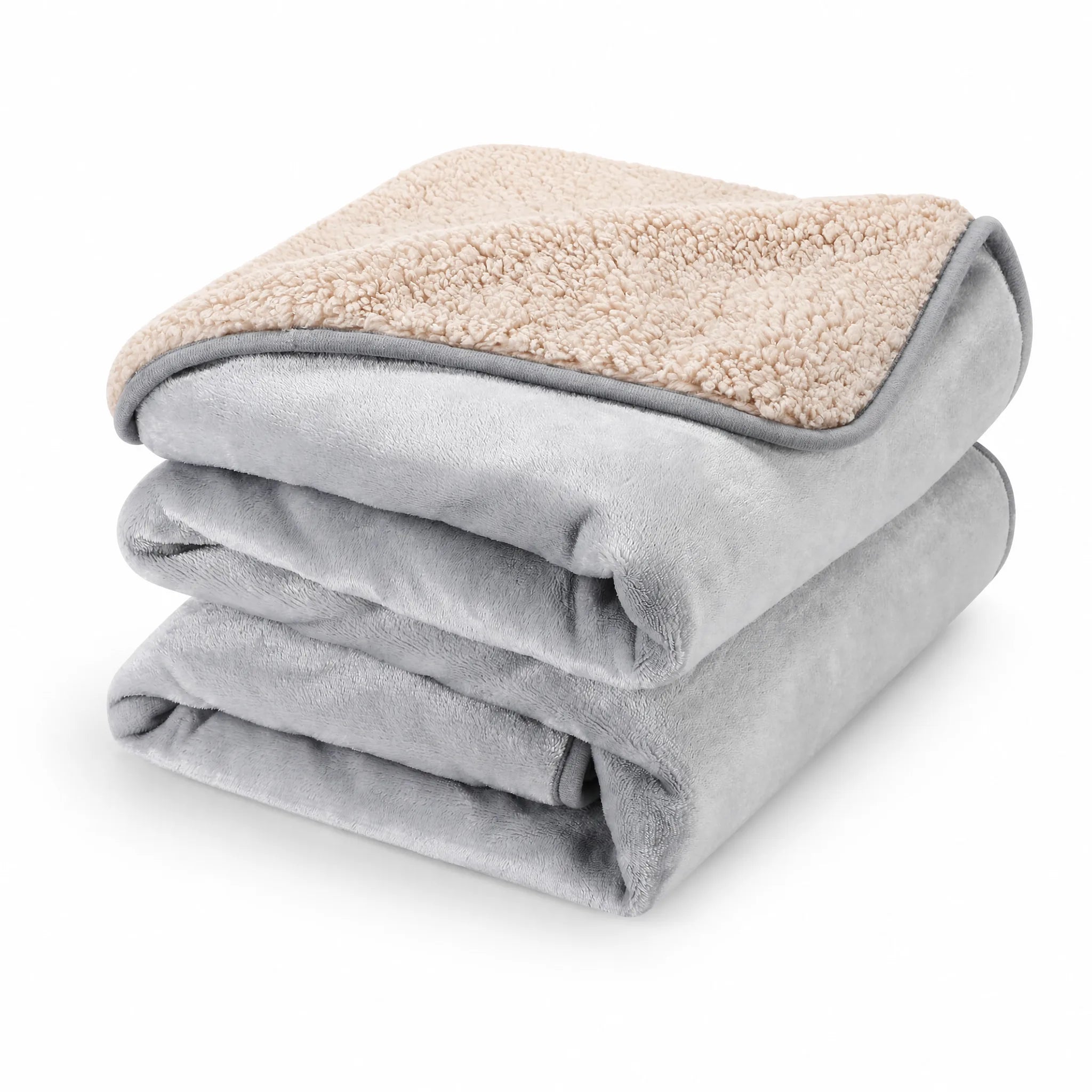 Copertina per cani in pile grigio chiaro e beige piegata