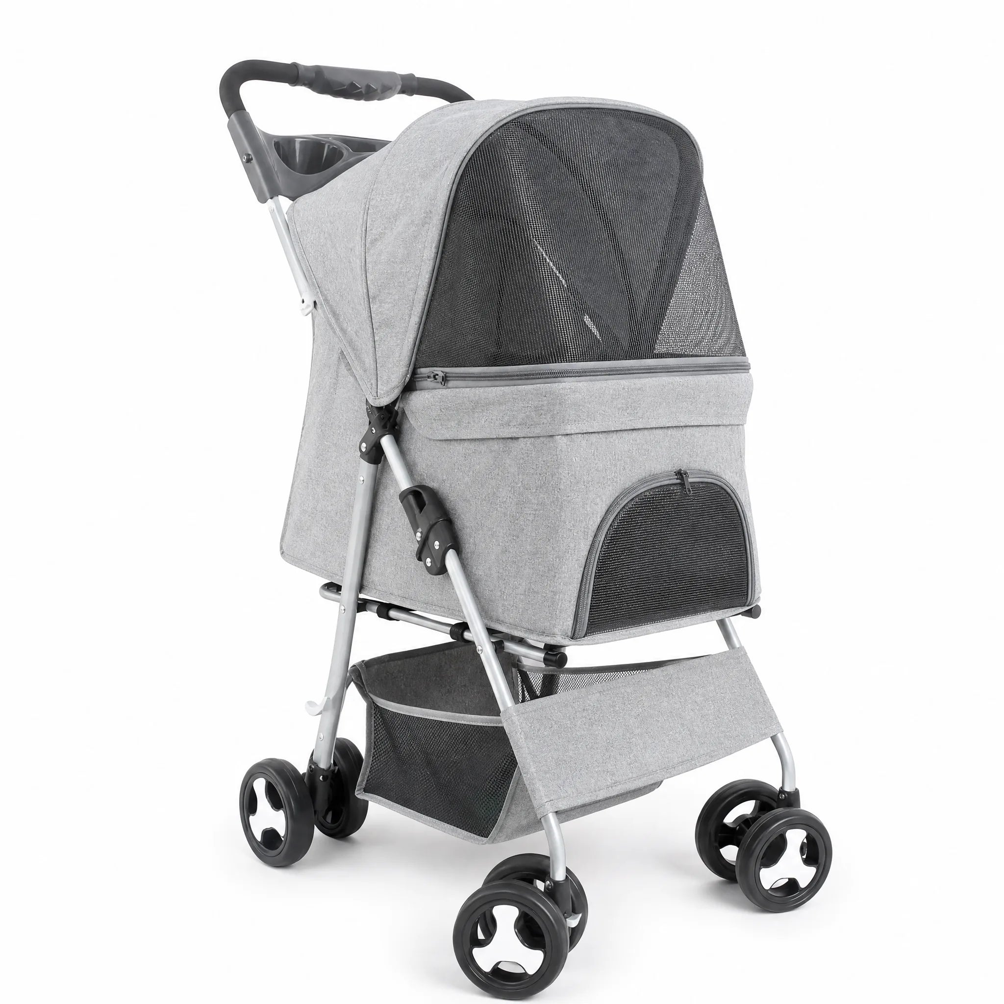 Passeggino per cani pieghevole colore grigio su sfondo bianco