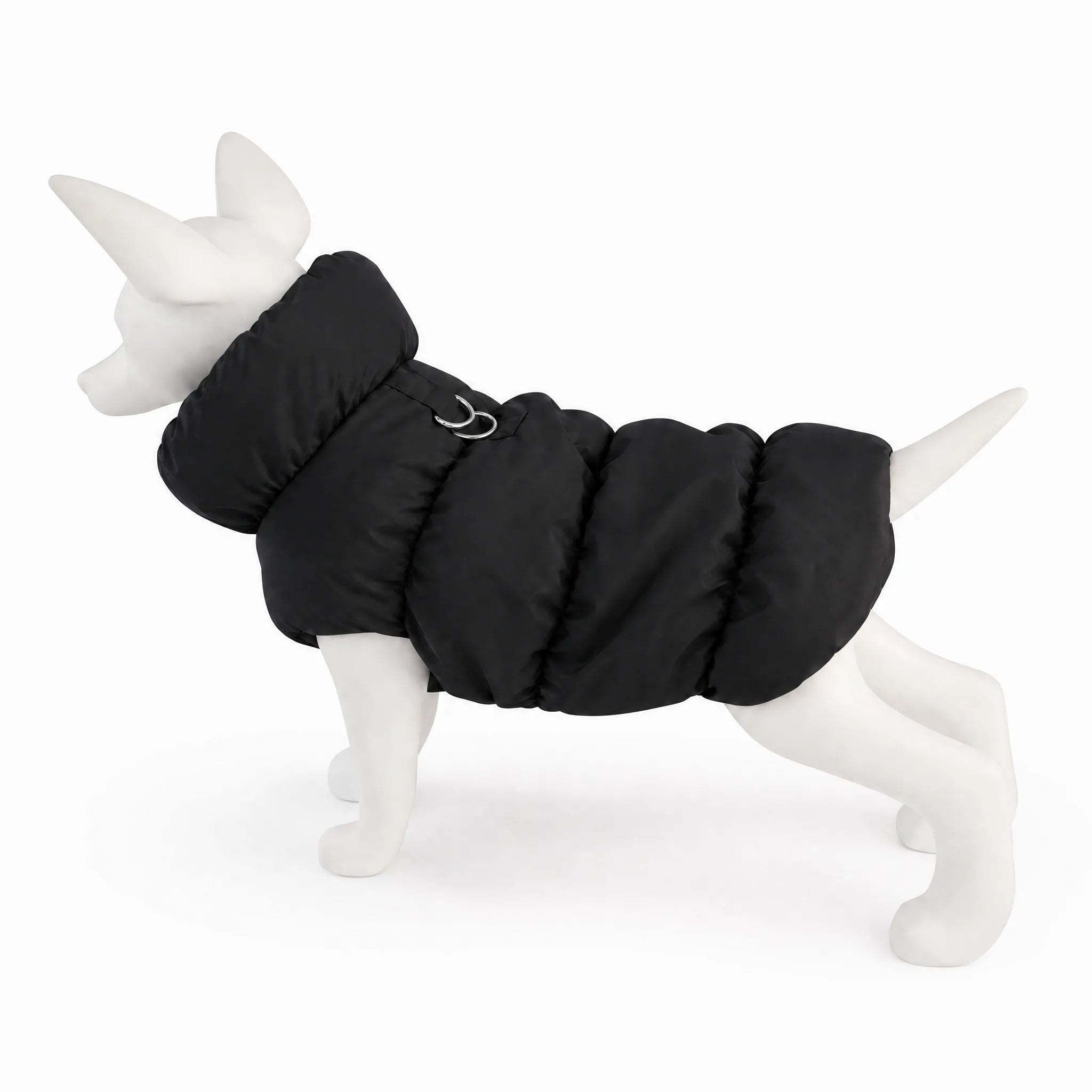 Piumino cane smanicato nero su sfondo bianco