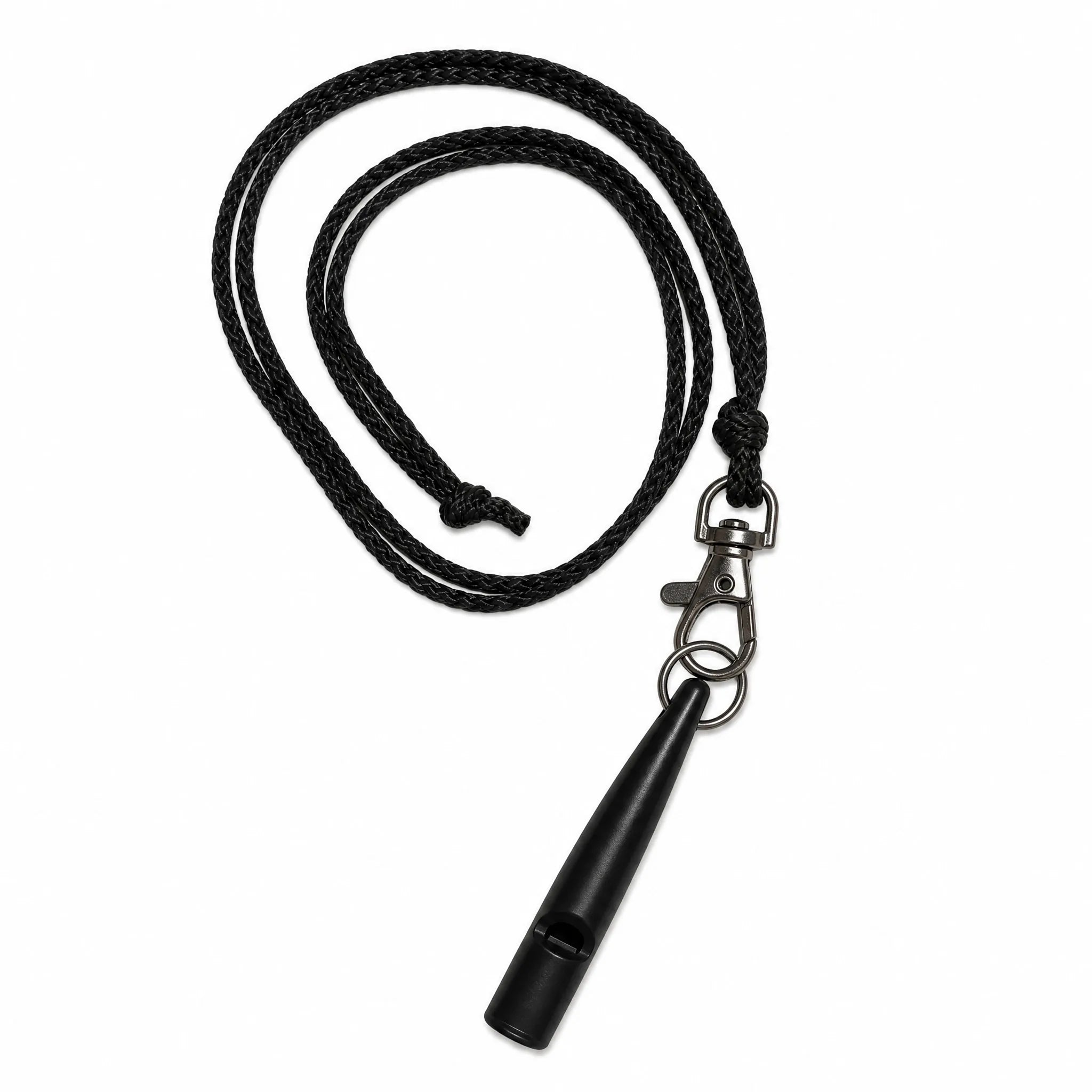 Fischietto per cani nero con cordino in tinta e moschettone