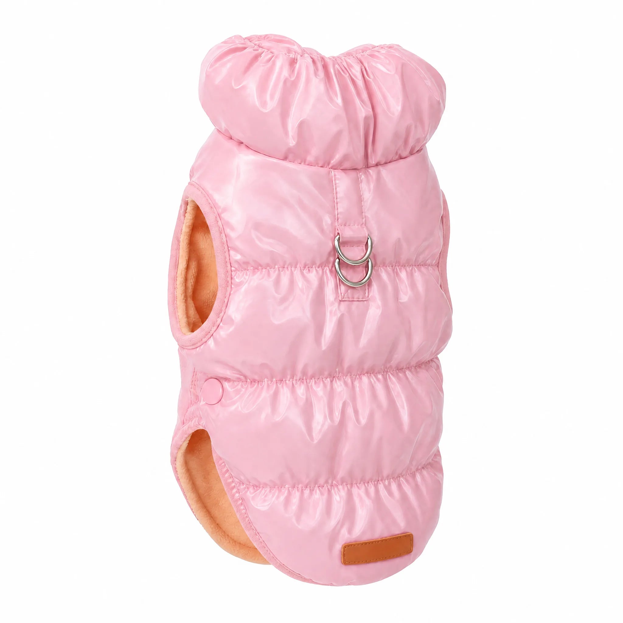 Piumino cane rosa su sfondo bianco