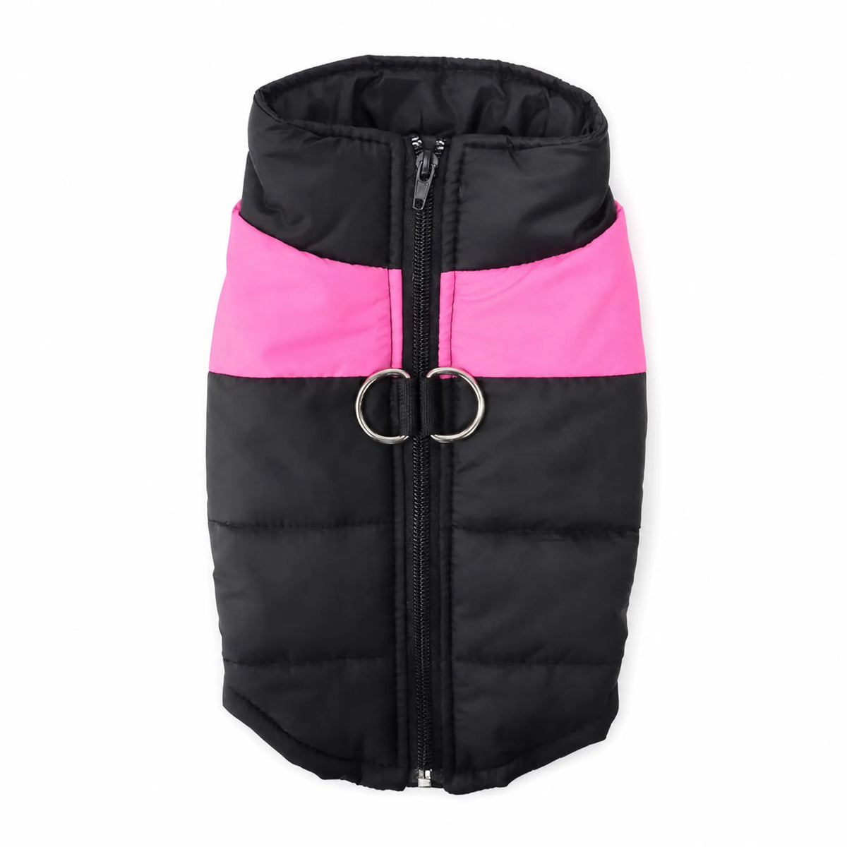Gilet cane imbottito rosa e nero vista dorsale zip e anello D