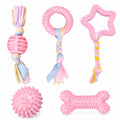 Set 5 giochi dentizione cuccioli variante Rosa su sfondo bianco: palla spinosa, osso, anello, stella e palla con strisce