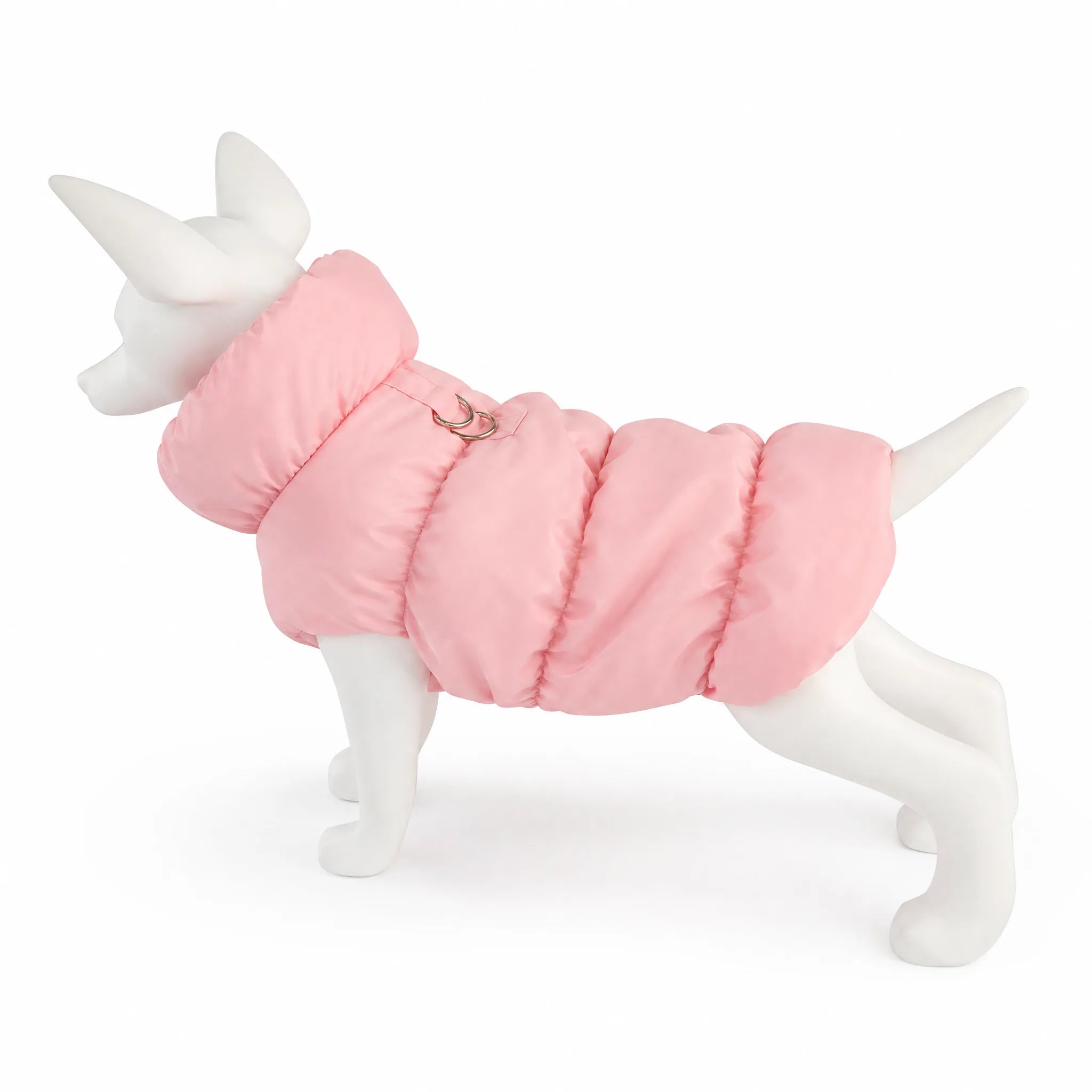 Piumino cane smanicato rosa su sfondo bianco