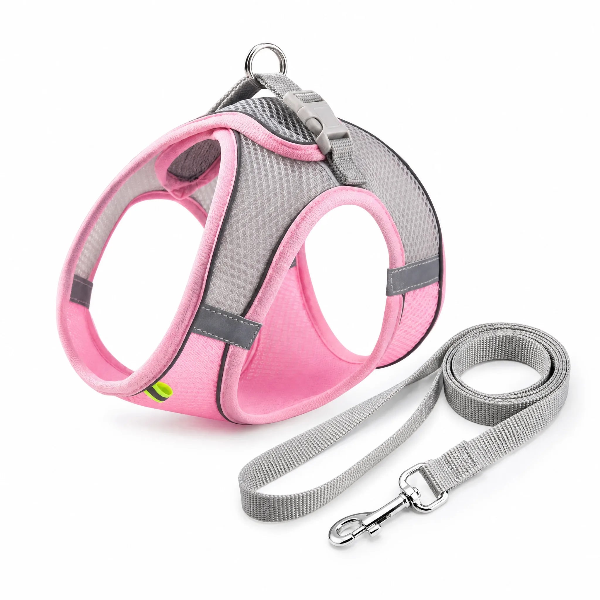 Pettorina mesh rosa con guinzaglio grigio set studio