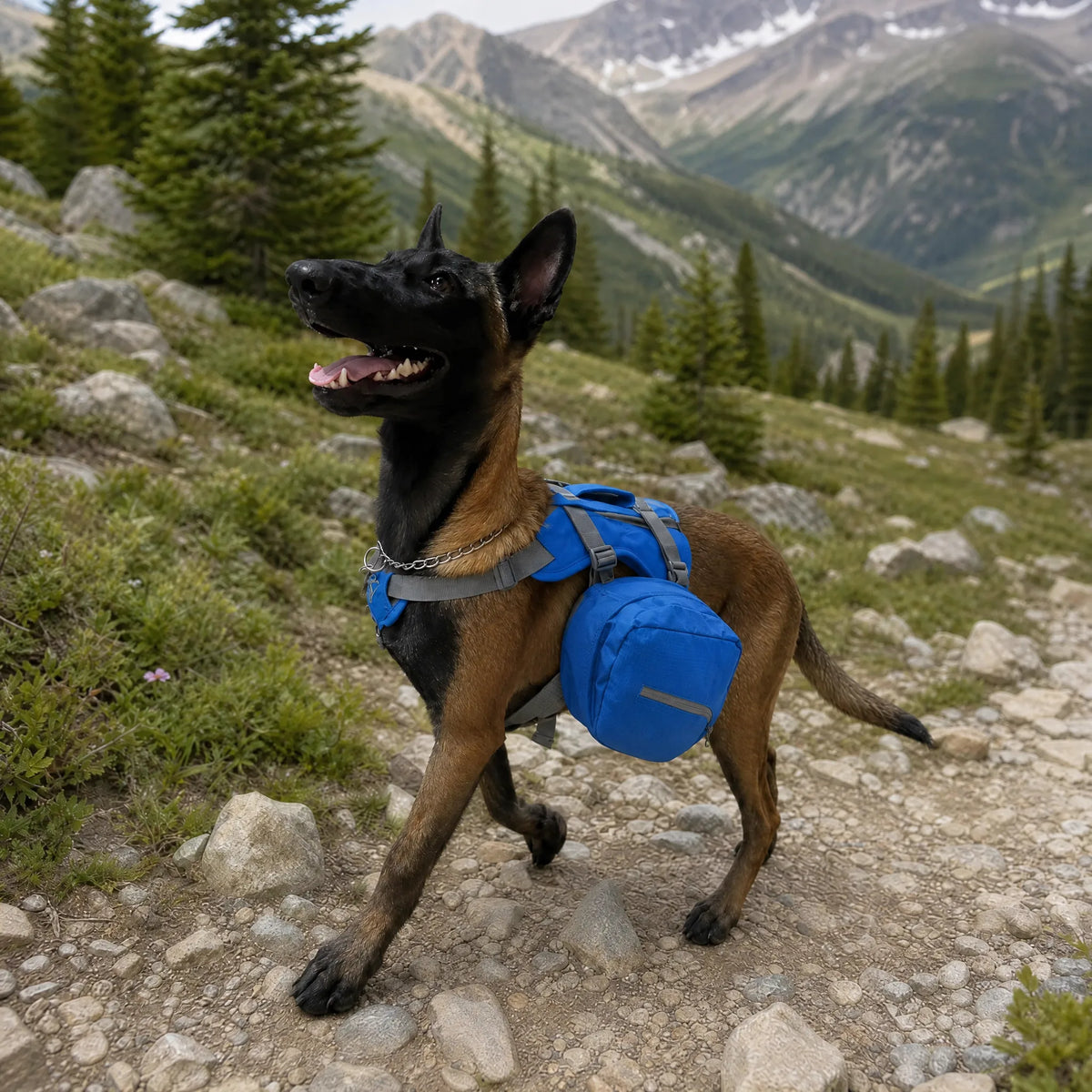 Cane con zainetto da trekking blu durante un'escursione
