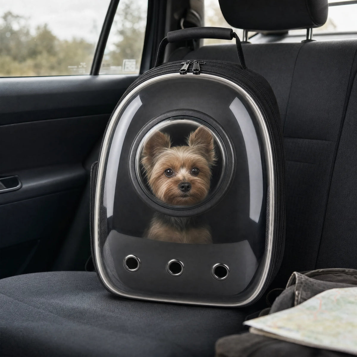 Zaino trasportino a capsula spaziale sul sedile dell'auto pronto per un viaggio, cagnolino visibile nell'oblò