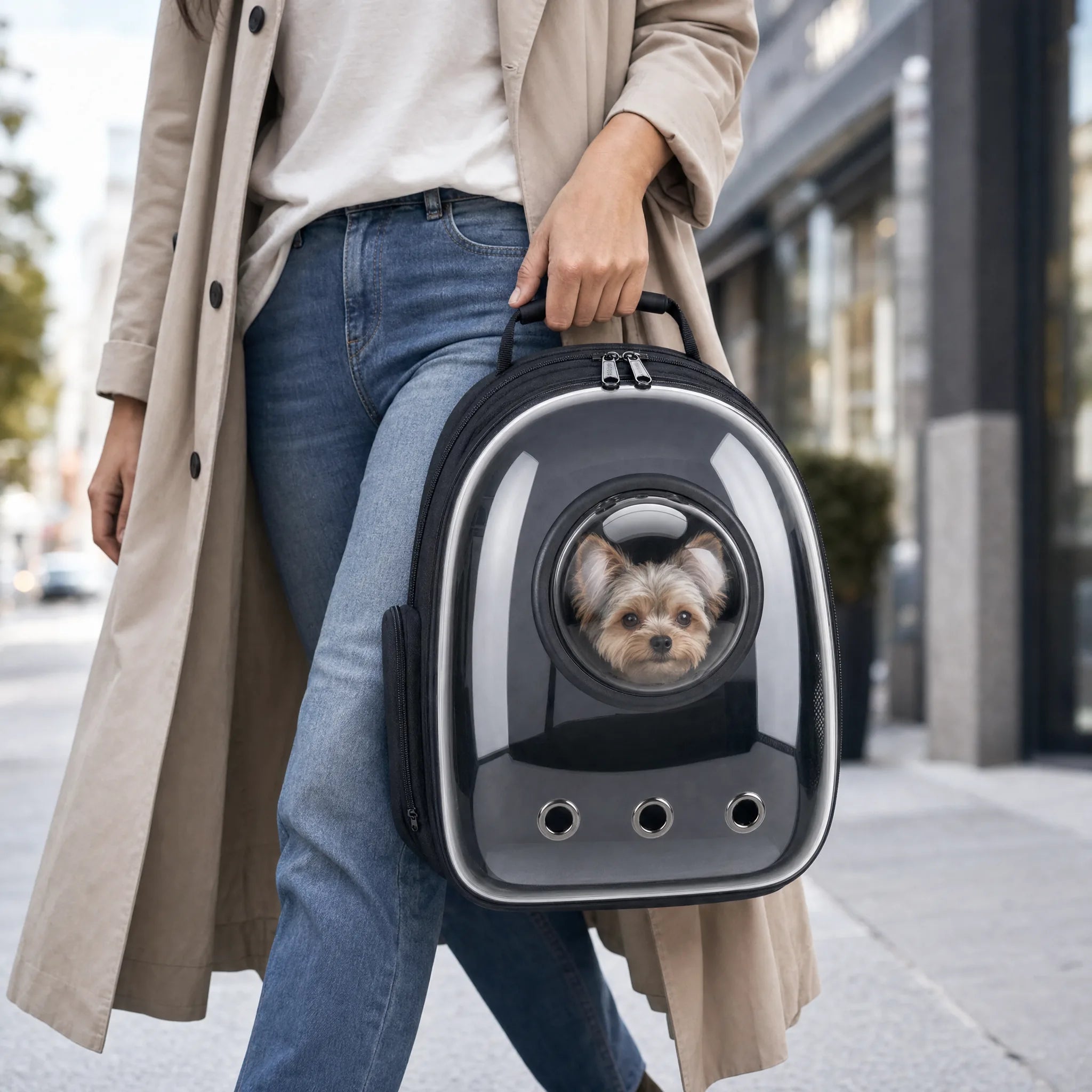 Donna porta lo zaino trasportino a capsula spaziale per mano in città, cagnolino visibile nell'oblò