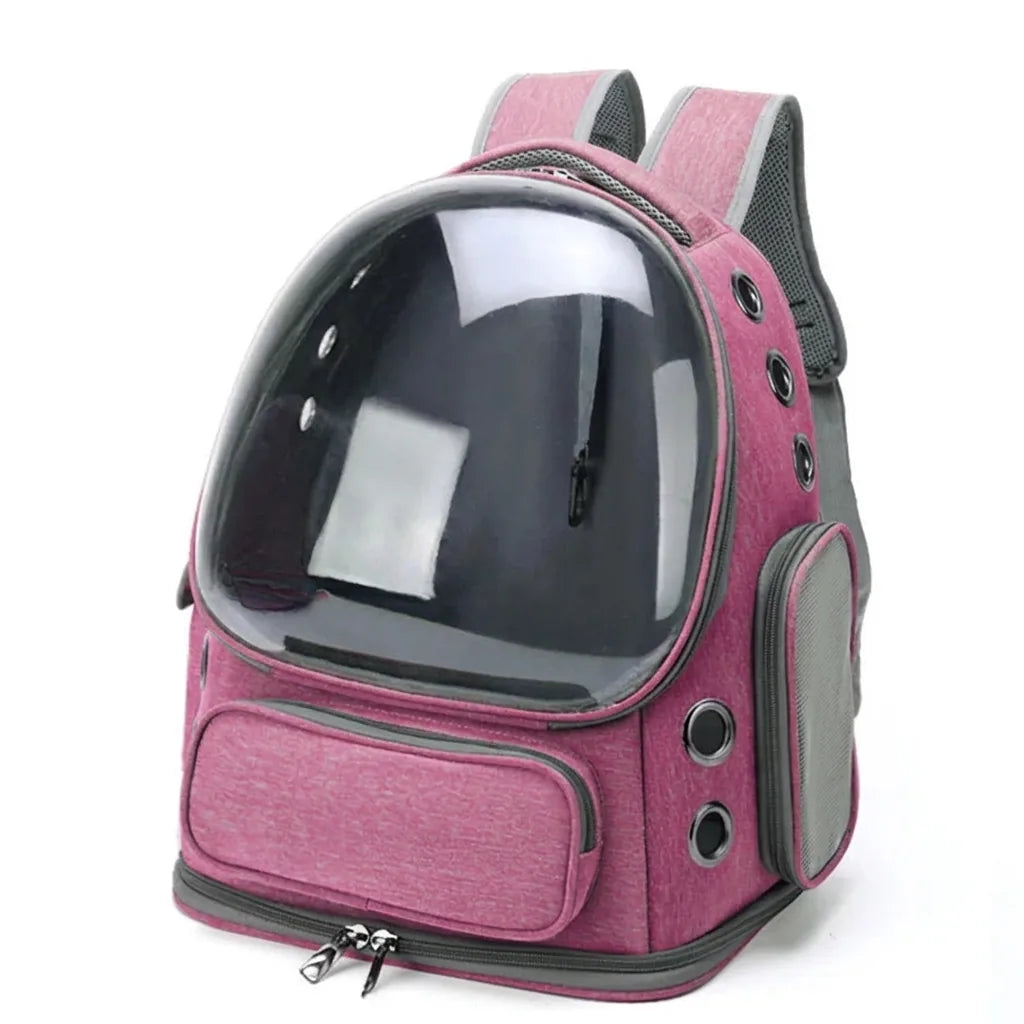 Zaino trasportino trasparente per gatti e cani colore rosa, vista frontale su sfondo bianco