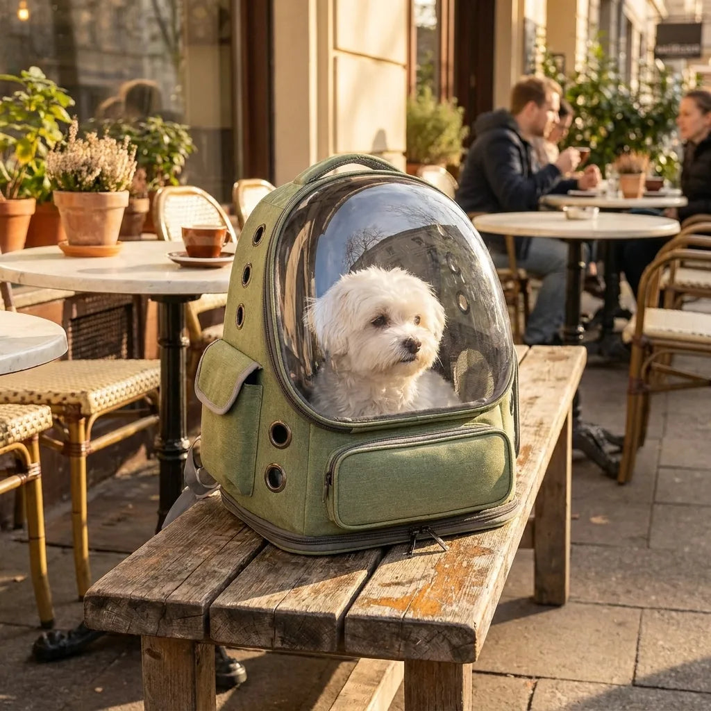 Zaino trasportino trasparente verde su una panchina in terrazza con un cagnolino bianco dentro