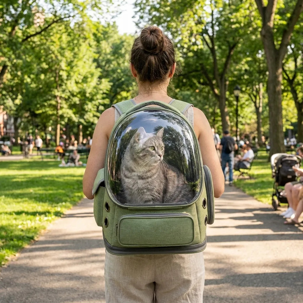 Donna passeggia nel parco con lo zaino trasportino trasparente verde e un gatto che guarda fuori dalla bolla