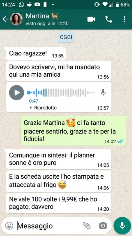 Recensione WhatsApp di Martina: il planner sonno e la scheda uscite della guida Cucciolo Senza Caos di Felici Insieme valgono 100 volte i 9,99 euro