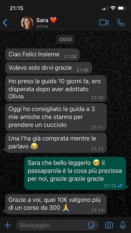 Recensione WhatsApp di Sara: dopo aver adottato Olivia ha consigliato la guida Cucciolo Senza Caos di Felici Insieme a 3 amiche neo-proprietarie di cuccioli