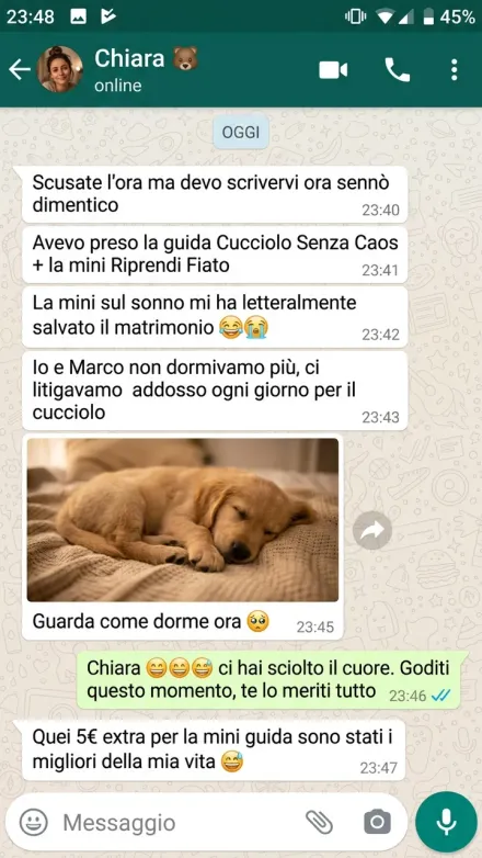 Recensione WhatsApp di Chiara: la mini-guida Riprendi Fiato di Felici Insieme l'ha aiutata a far dormire il cucciolo e a ritrovare la serenità con il partner