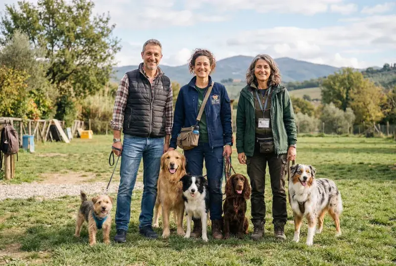 Il team Felici Insieme: Dr. Alberto veterinario, Monica esperta di comportamento canino e Raffaella dogsitter professionista