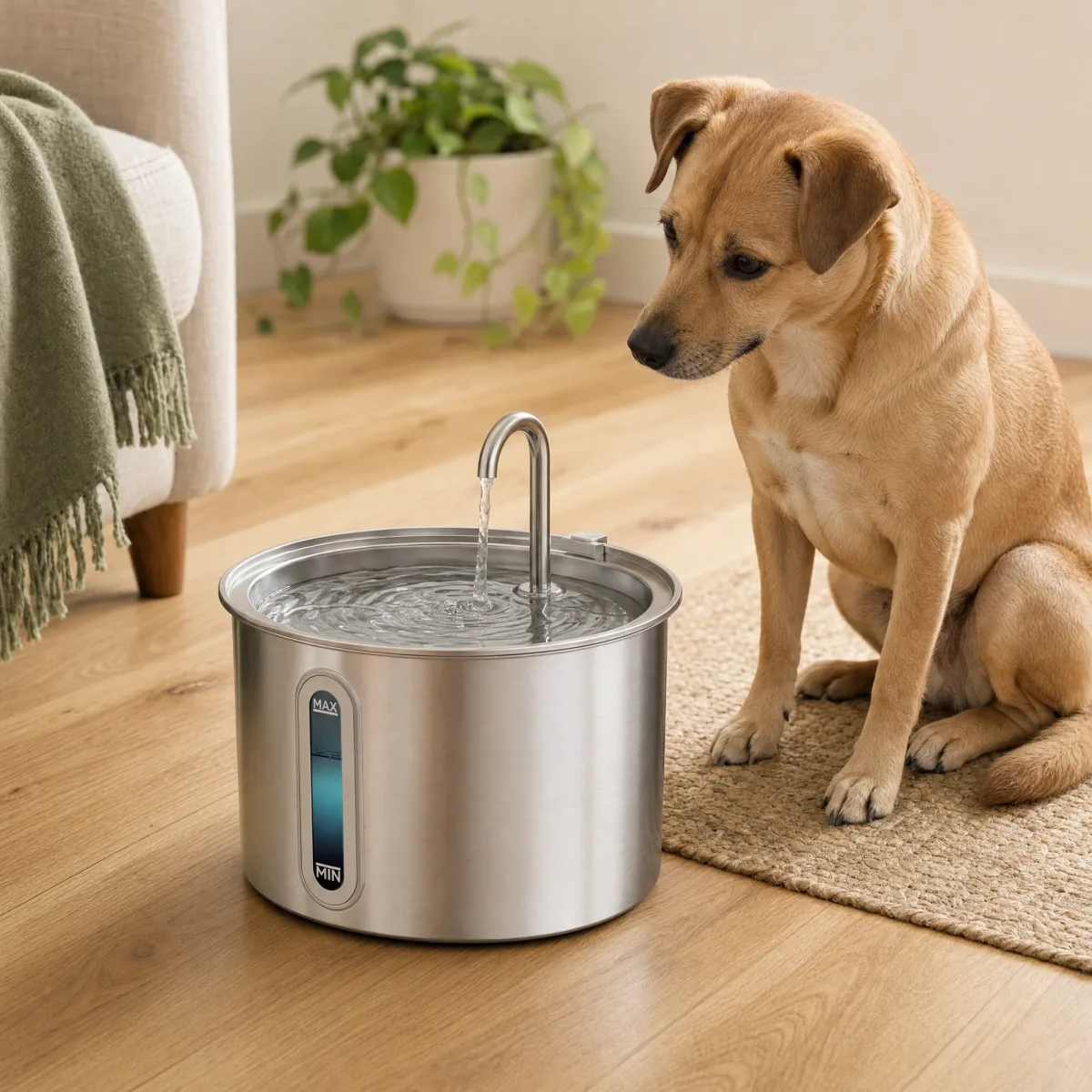 Fontanella per cani in acciaio inox in salotto accanto al divano