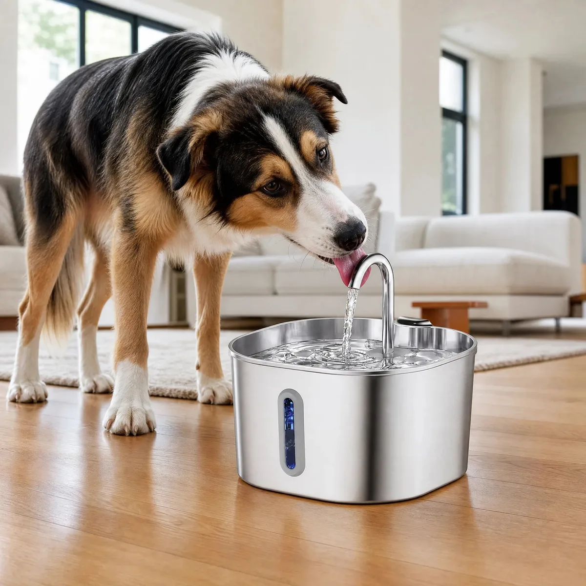 Cane che beve dalla fontana per cani quadrata da 2,2 litri in acciaio inox