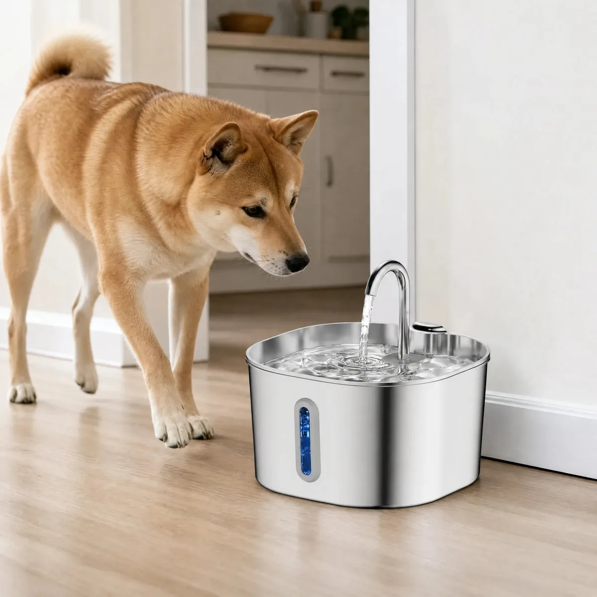 Fontana per cani quadrata da 2,2 litri vicino alla cucina con cane