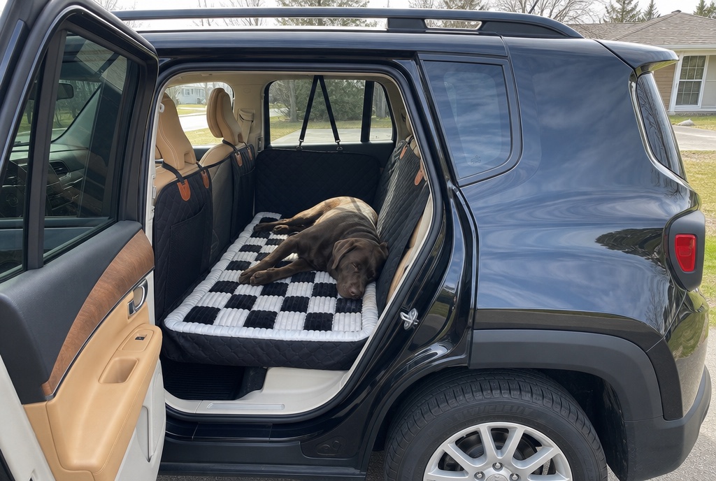 Cane sdraiato sul Kit Viaggio Sicuro, coprisedile auto a fondo rigido installato sul sedile posteriore