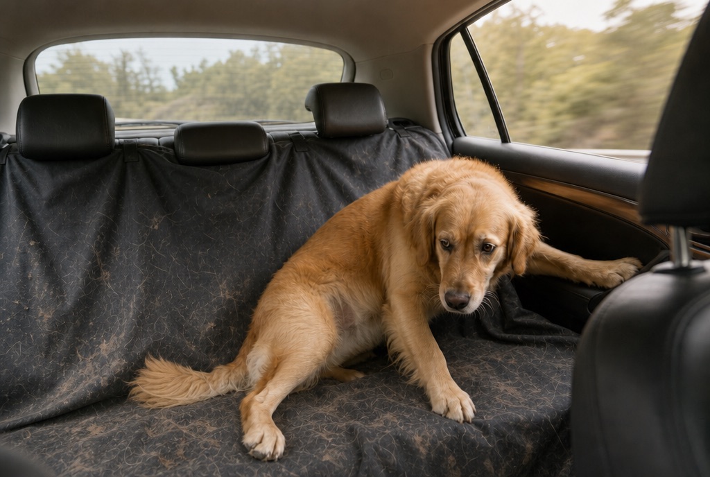 Cane medio-grande in postura instabile sui sedili in pelle durante una curva, cerca appoggio