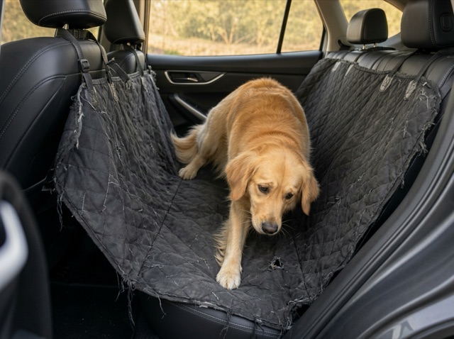 Telo morbido che sprofonda tra i sedili posteriori in pelle mentre il cane sopra perde appoggio