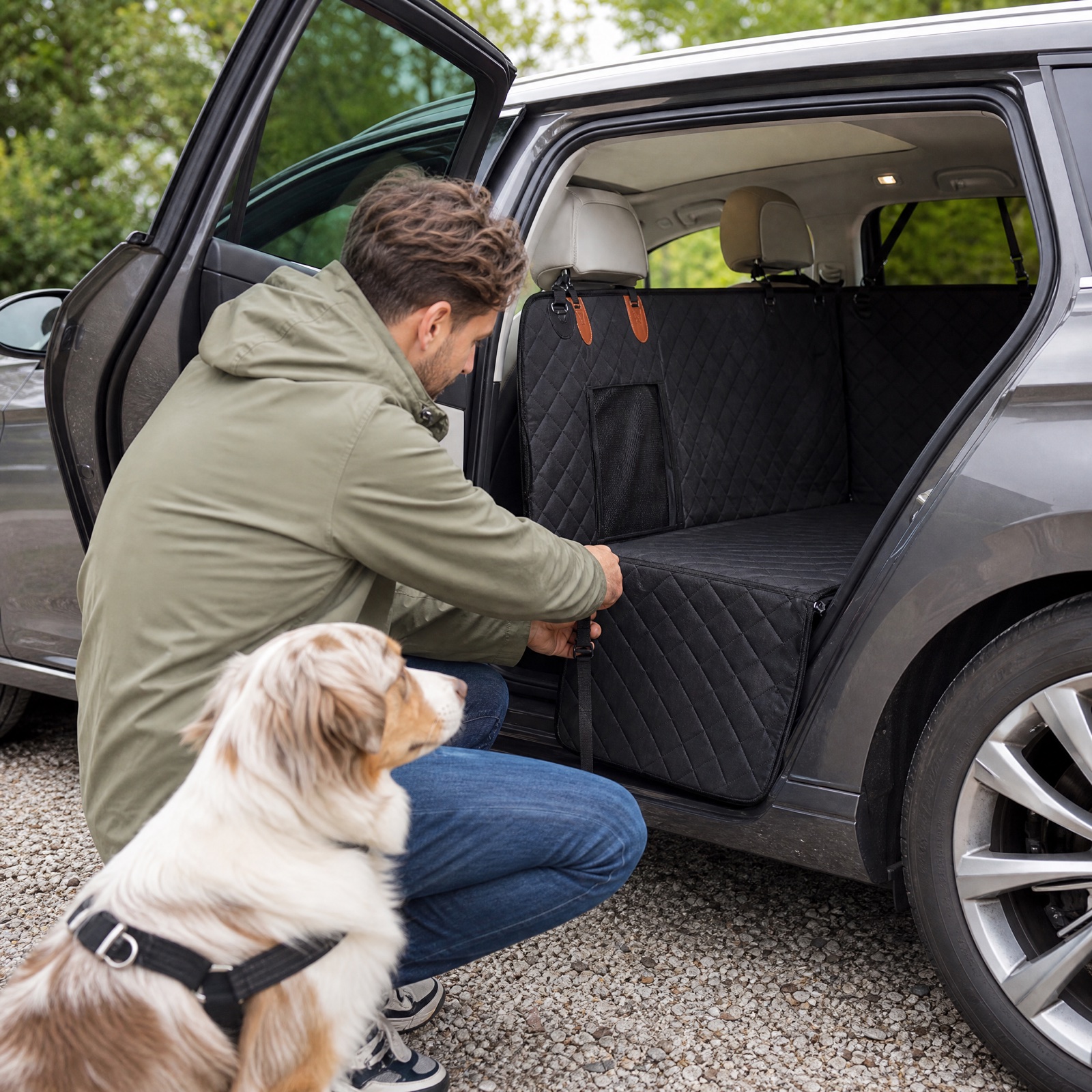 Persona che aggancia una base rigida per cane sul sedile posteriore dell'auto